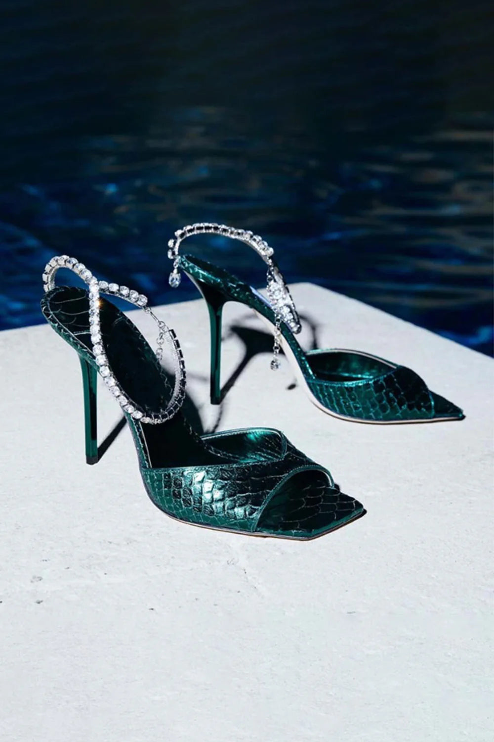 Emerald Croc Embossed Stiletto Heels with Crystal Ankle Strap