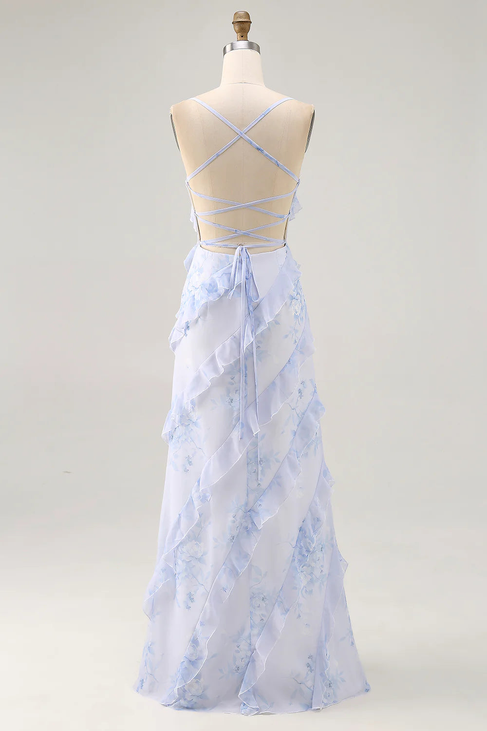 Blue Sheath Backless Print Floral Long Plus Size Bridesmaid Dress with Lace Up Back