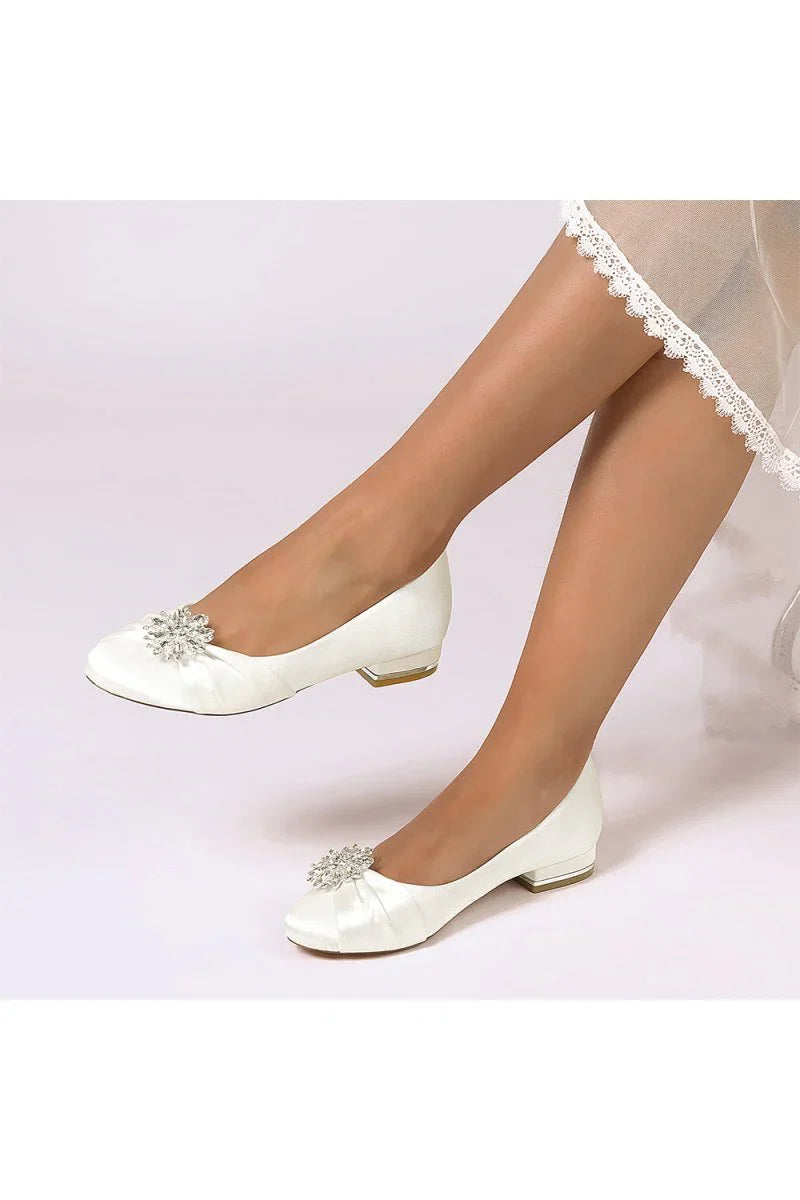 Navy Blue Flat Shoes with Crystal Flower Decoration