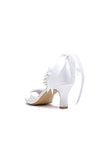 Chic White Satin Heels Featuring a Pearl Embellished Bow