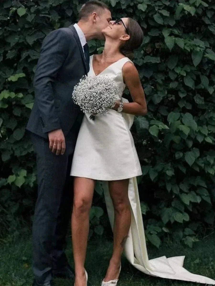 A Line Satin V Neck Short Wedding Dress with Large Bow