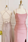 Dusty Pink Satin Lace Up Sheath Long Bridesmaid Dress with Slit