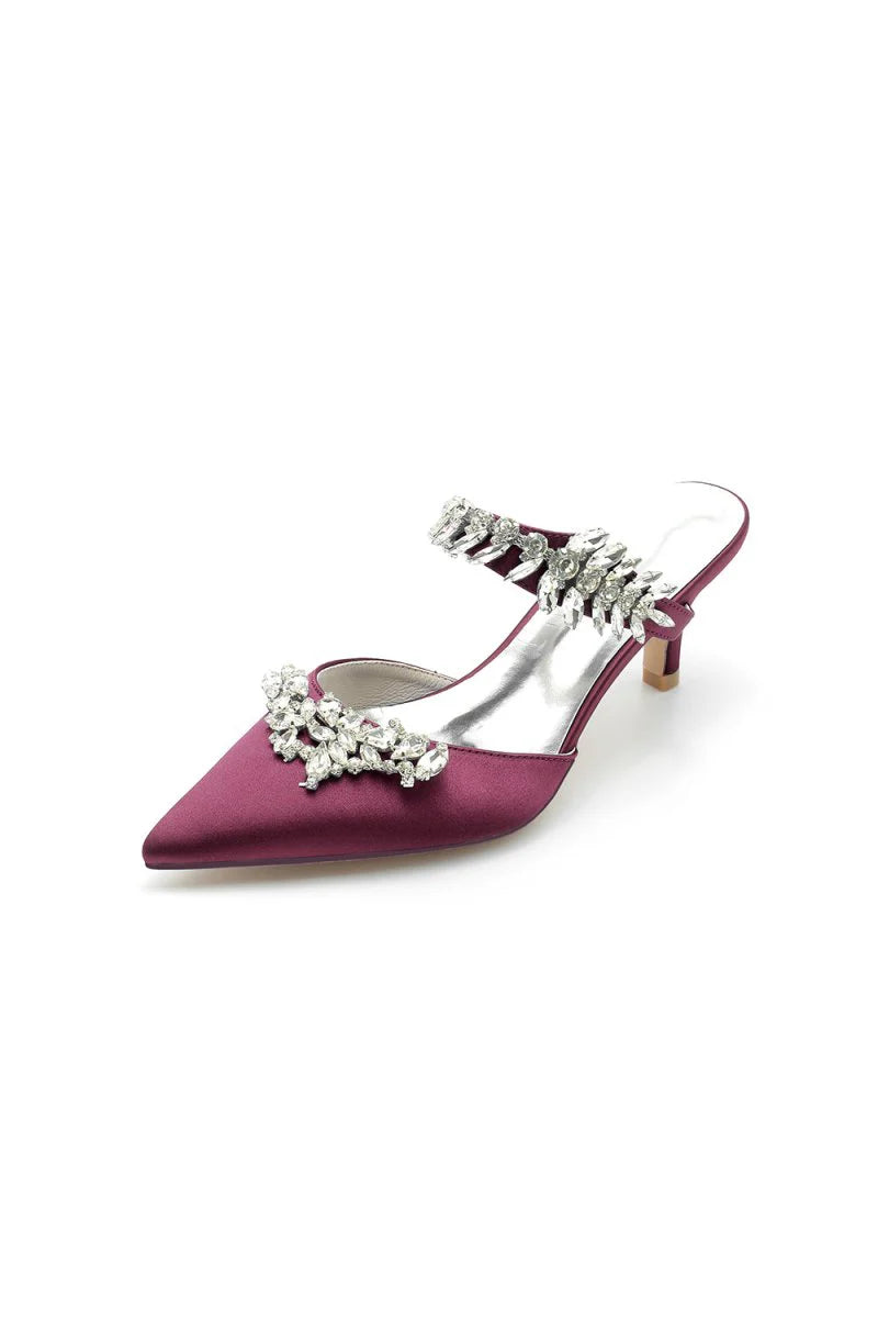 Satin Pointed Toe Mules with Crystal Rhinestone