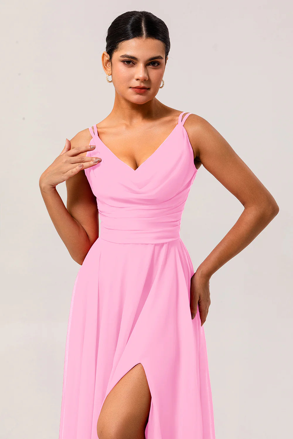 Hot Pink A Line Cowl Neck Chiffon Long Bridesmaid Dress with Slit