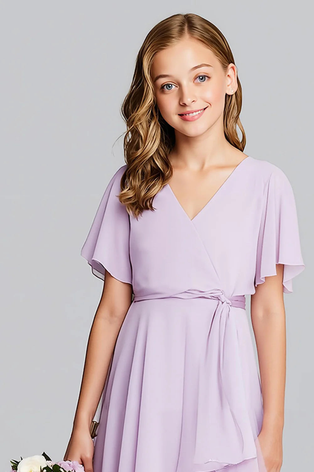 Purple Chiffon A Line V Neck Midi Junior Bridesmaid Dress
