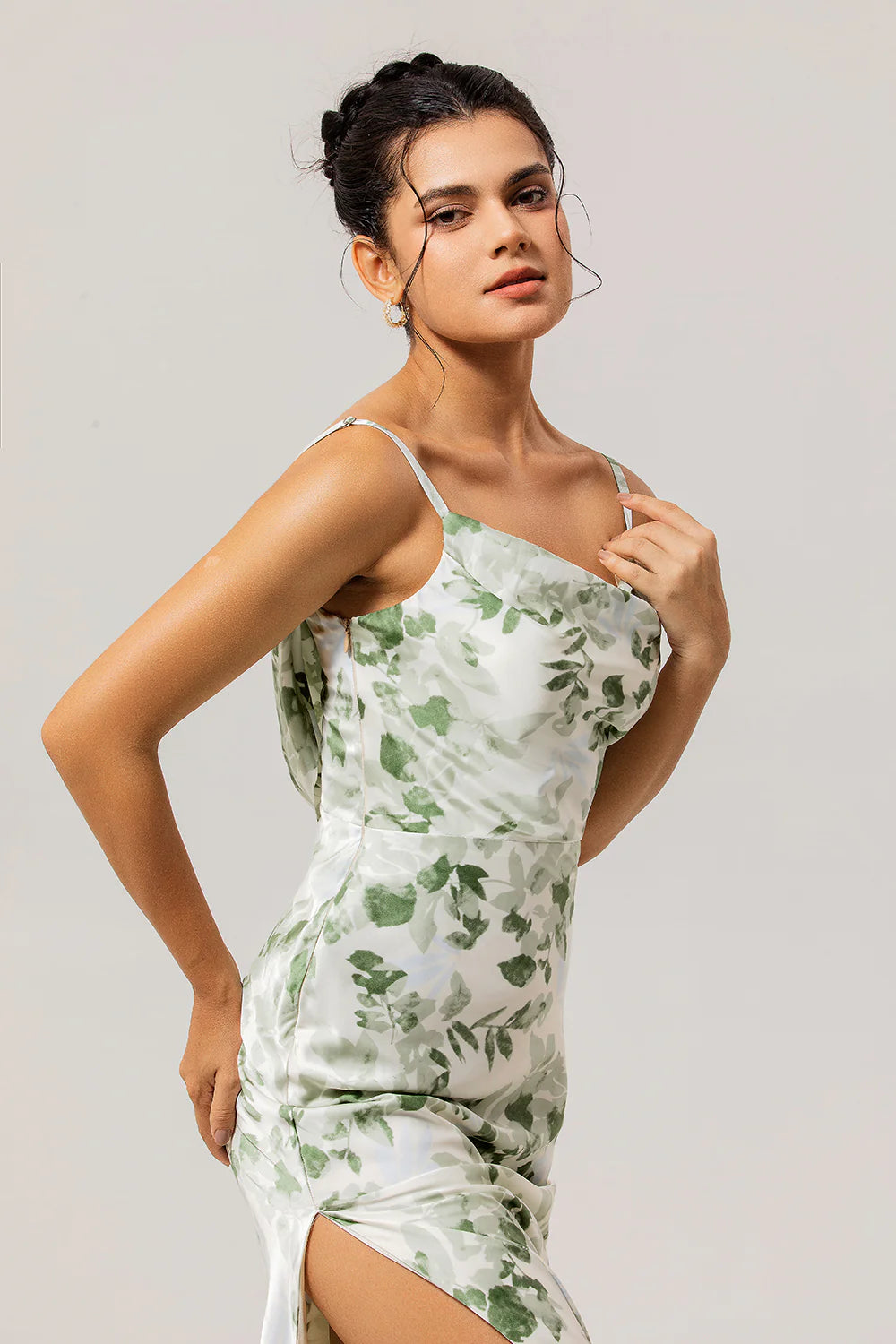 Green Flower Sheath Cowl Neck Print Open Back Long Bridesmaid Dress with Slit