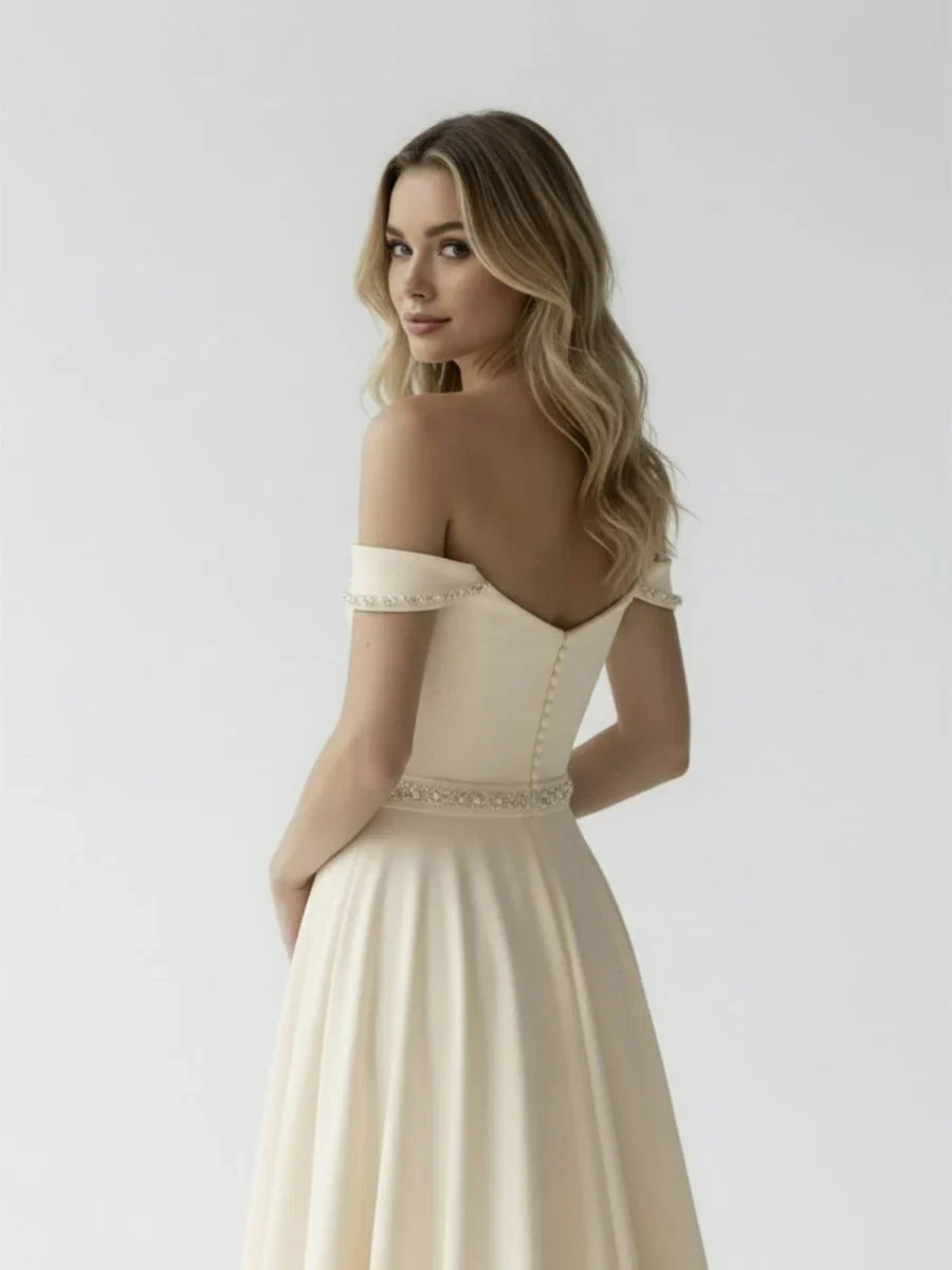 A Line Off the Shoulder Beaded Wedding Dress