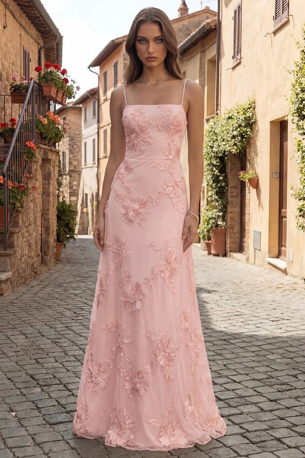 Lilac Appliqued Spaghetti Straps Long Prom Dress