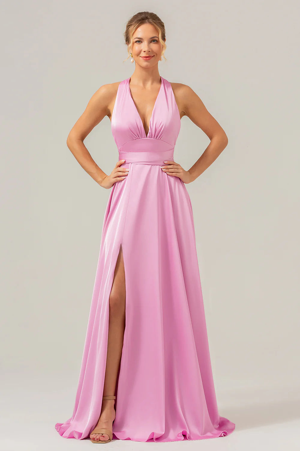 Pink A Line Deep V Neck Lace Up Back Long Satin Bridesmaid Dress with Slit