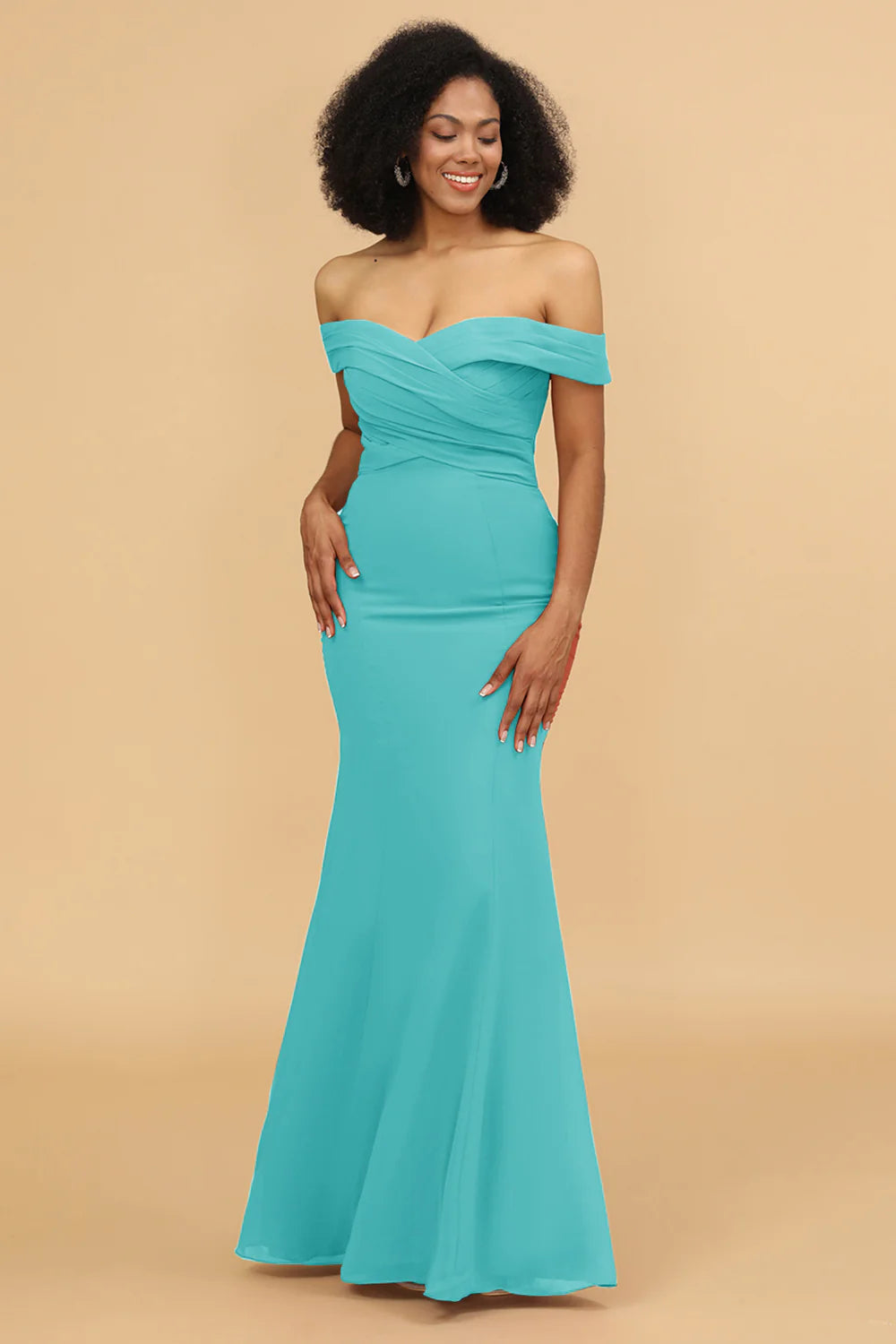 Off the Shoulder Mermaid Ruched Chiffon Bridesmaid Dress