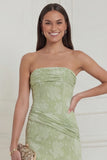 Sage Green Strapless Floral Sheath Midi Wedding Guest Dress