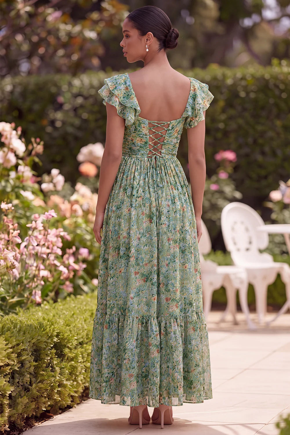 Green Flower A Line Square Neck Wedding Guest Dress with Slit