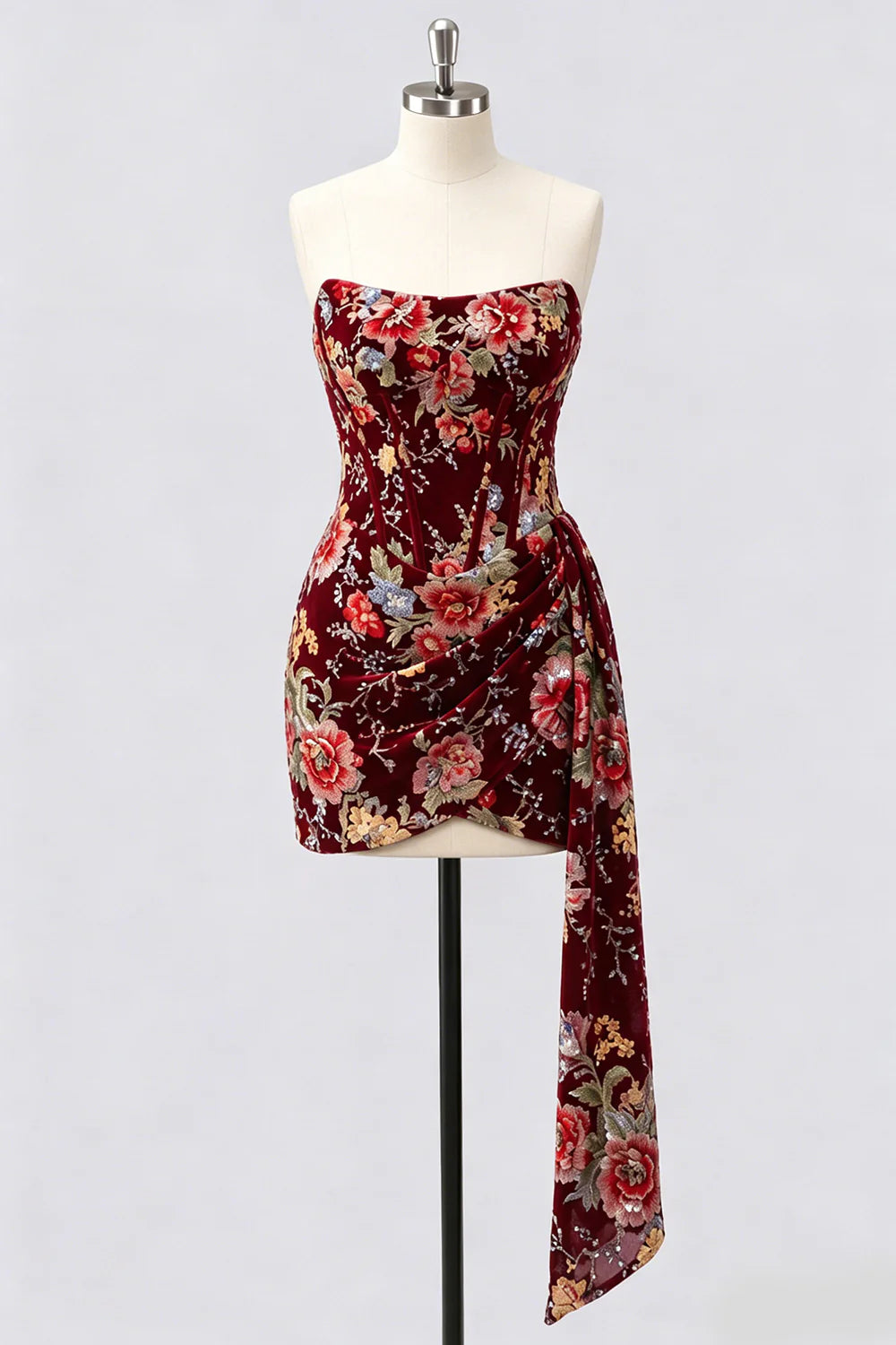 Strapless Pink Bodycon Corset Floral Sequin Homecoming Dress with Sash