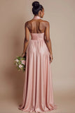 Halter A Line Blush Pink Ruched Long Bridesmaid Dress with Open Back