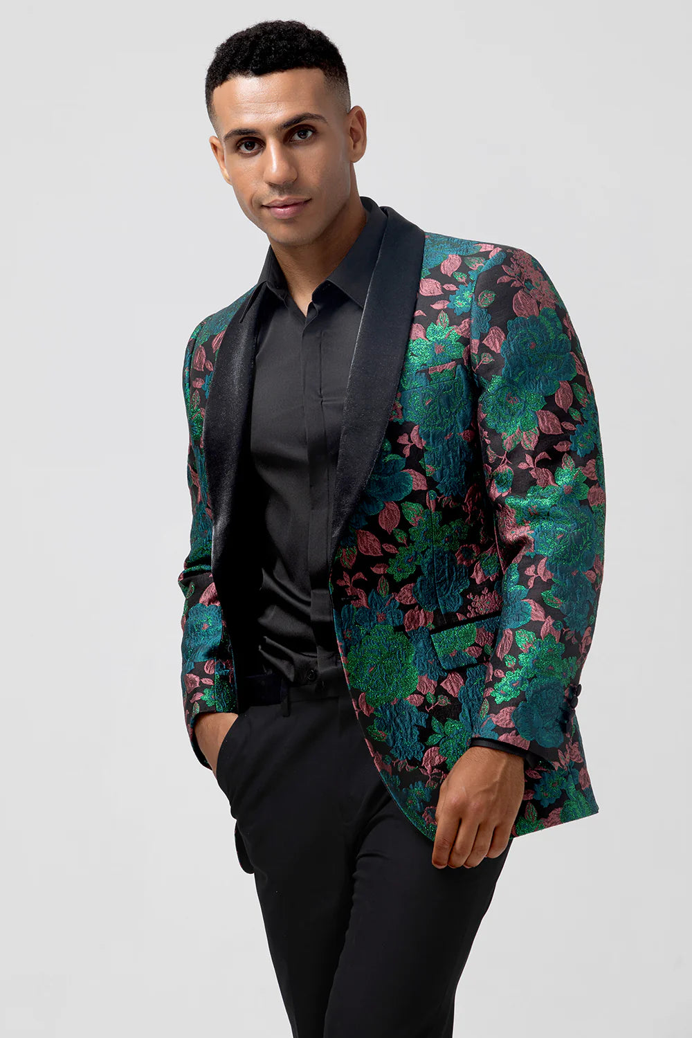 Mens Green Shawl Lapel One Button Jacquard Prom Blazer