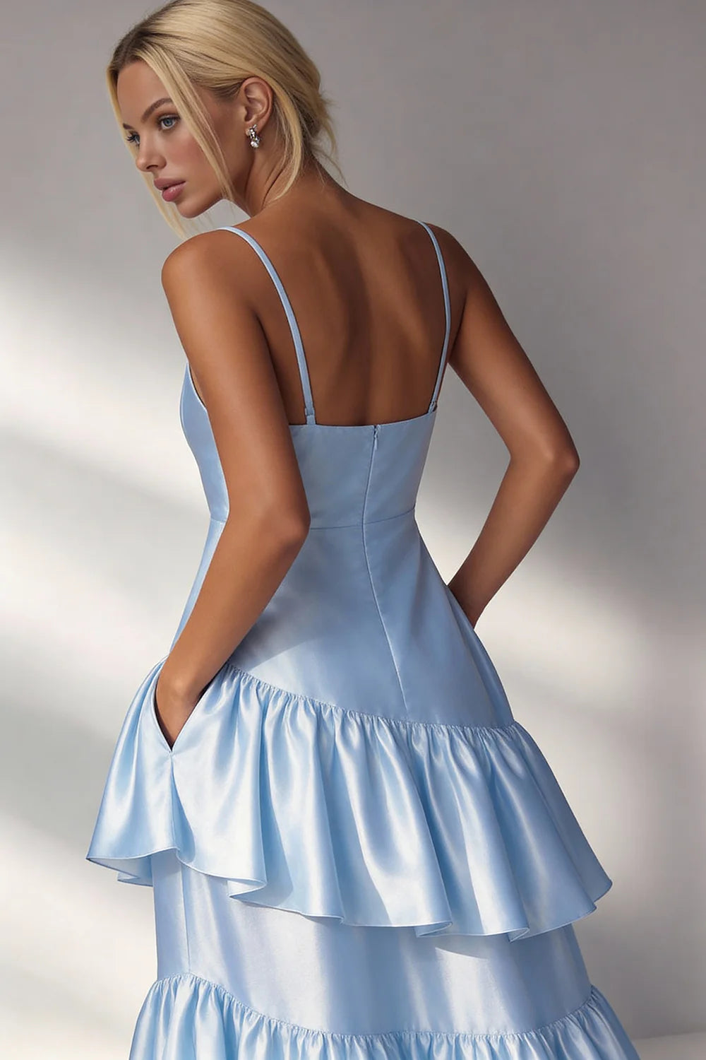 Light Blue A Line Tiered Ruffle Spaghetti Straps Long Formal Dress