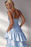 Light Blue A Line Tiered Ruffle Spaghetti Straps Long Formal Dress