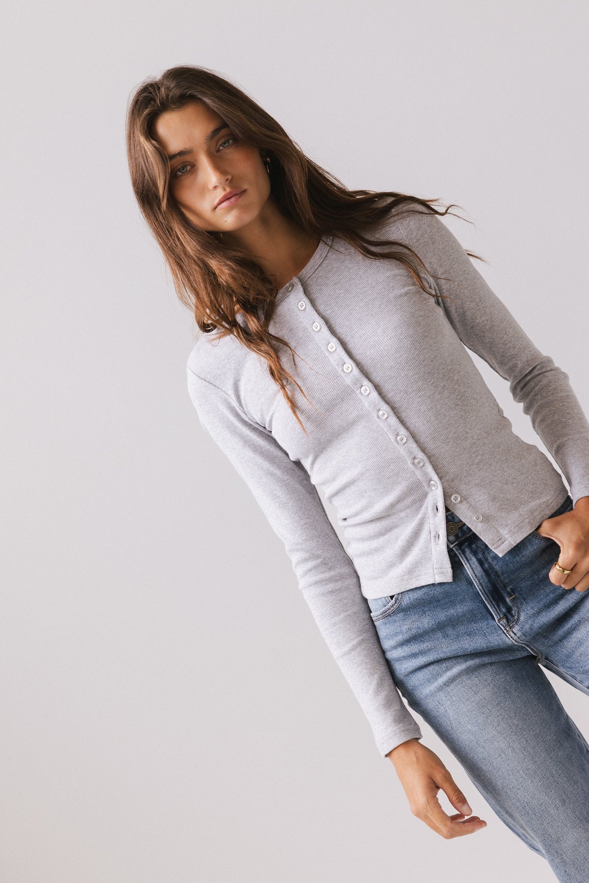 Mia Button Up Top in Grey