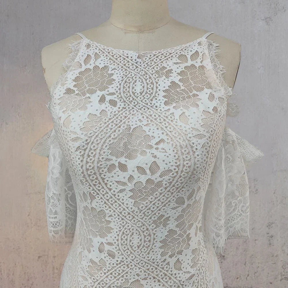 Mermaid White Halter Neck Lace Wedding Dress