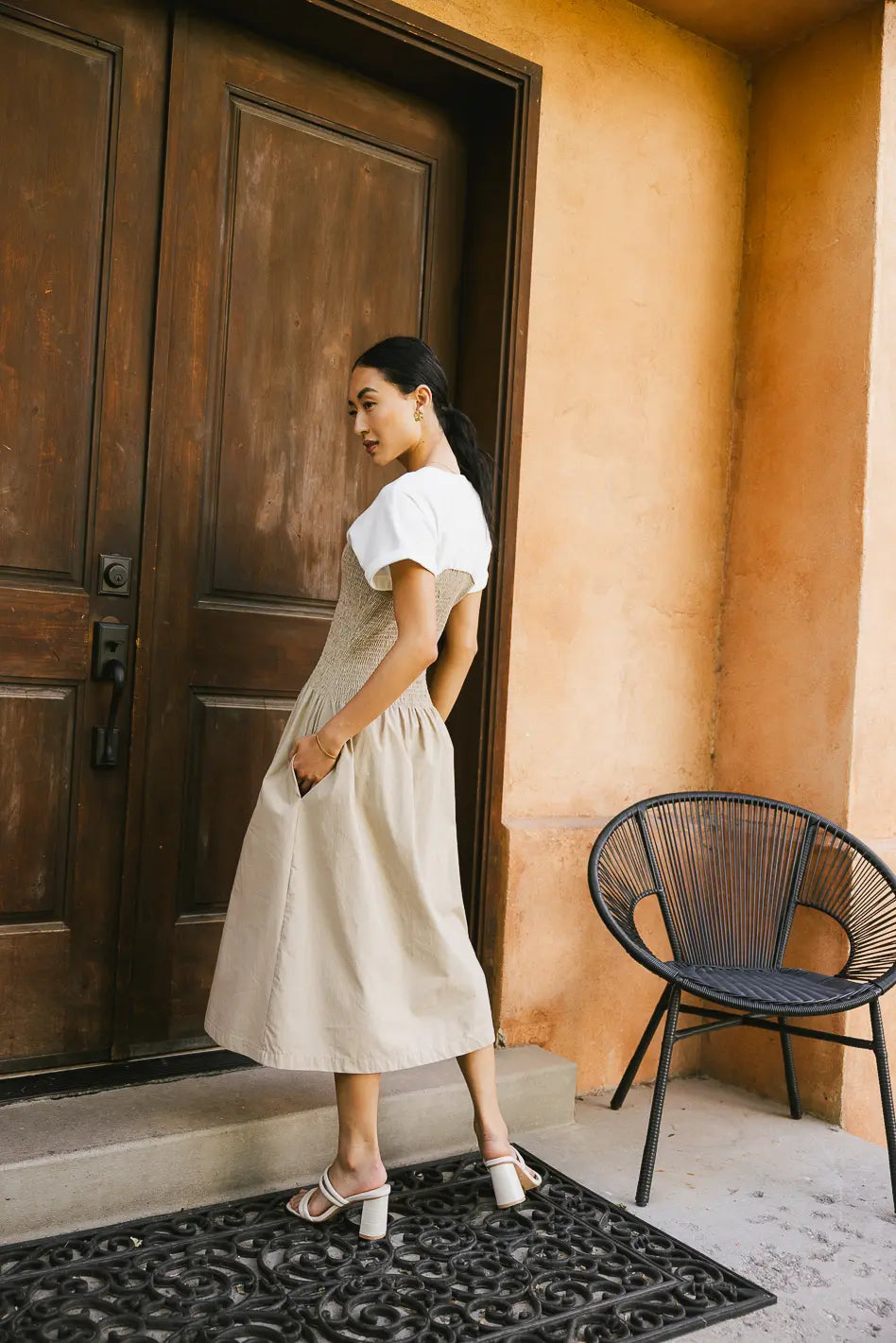 Florence Smocked Midi Dress in Taupe FINAL SALE