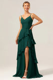 Dark Green A Line V Neck Ruffled Chiffon Tiered Long Bridesmaid Dress with Slit