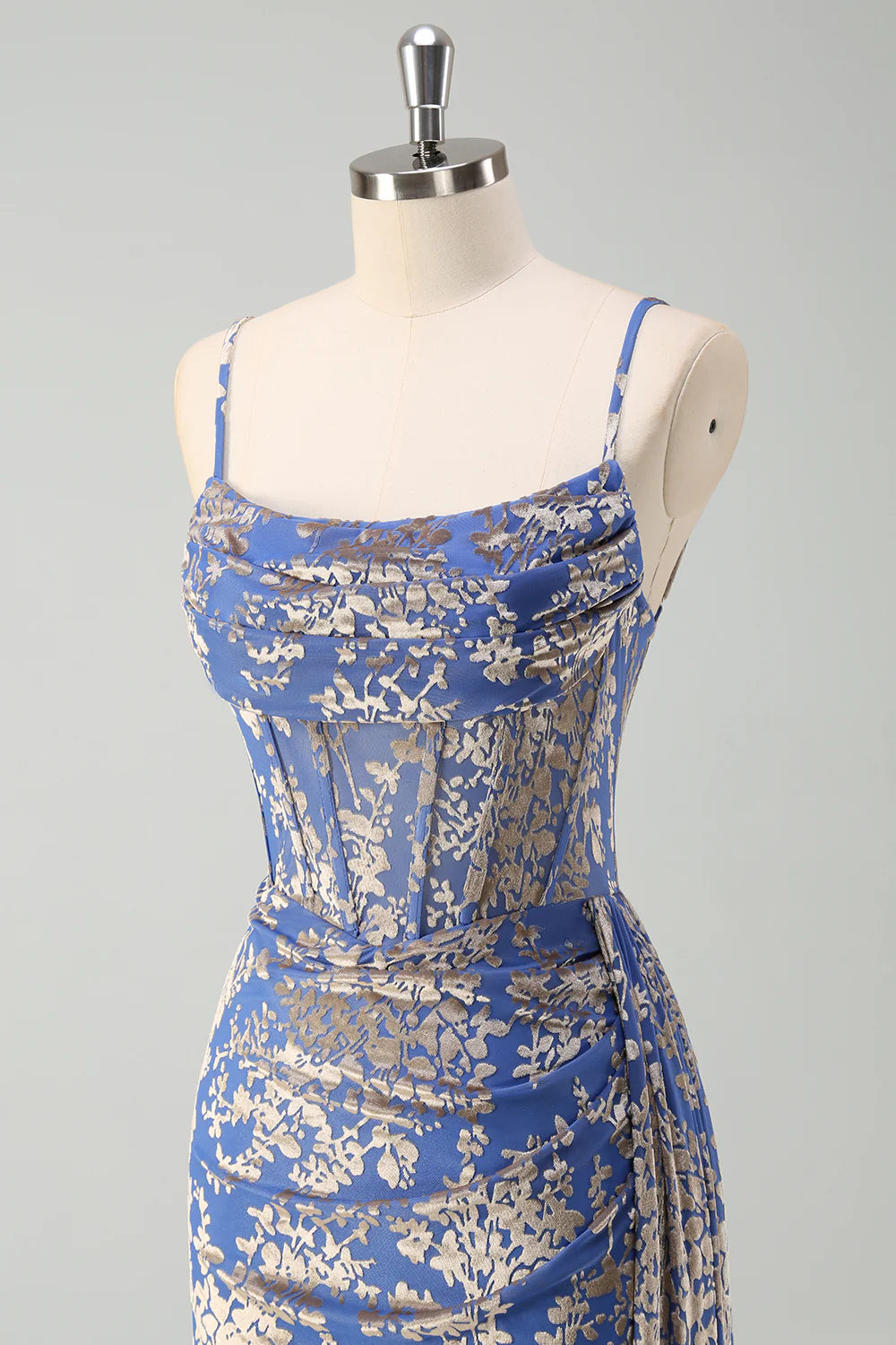 Mermaid Corset Burnout Velvet Blue Bridesmaid Dress with Watteau Train