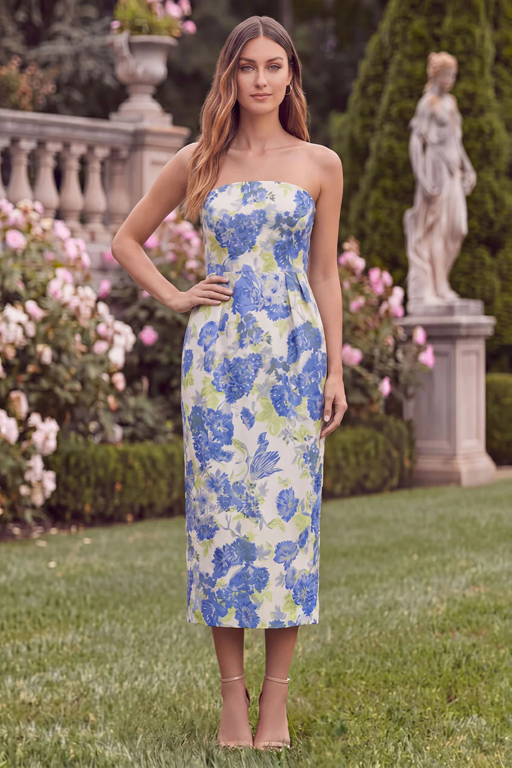 Blue Floral Pencil Strapless Midi Wedding Guest Dress