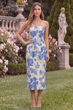 Blue Floral Pencil Strapless Midi Wedding Guest Dress