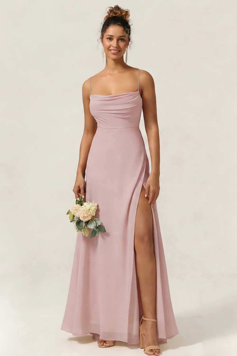 Blue Flower A Line Spaghetti Straps Chiffon Long Bridesmaid Dress with Slit