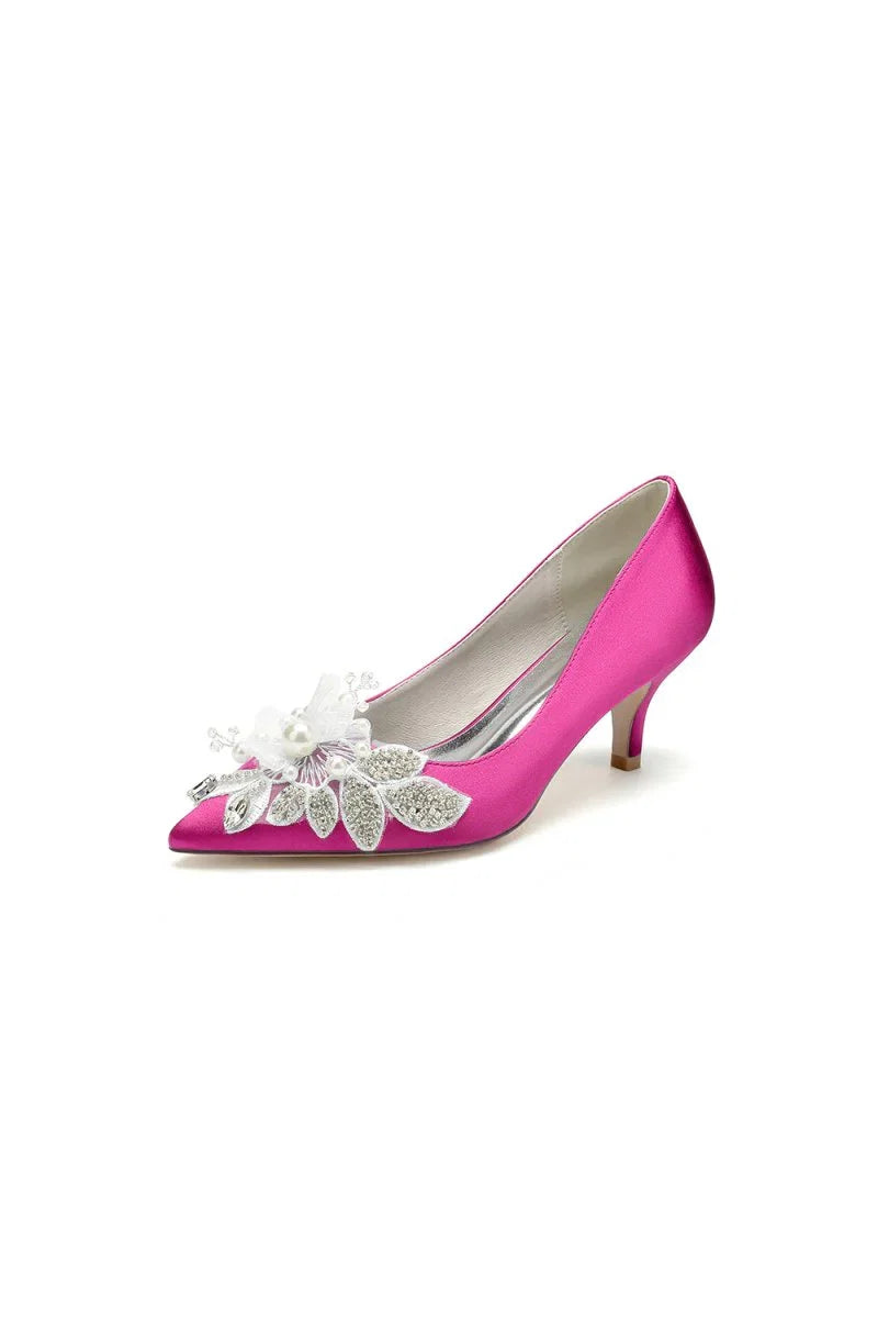 Floral Beading Pointed Toe Satin Kitten Heels