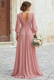 Elegant A Line V Neck Dusty Rose Bridesmaid Dress with Long Sleeves