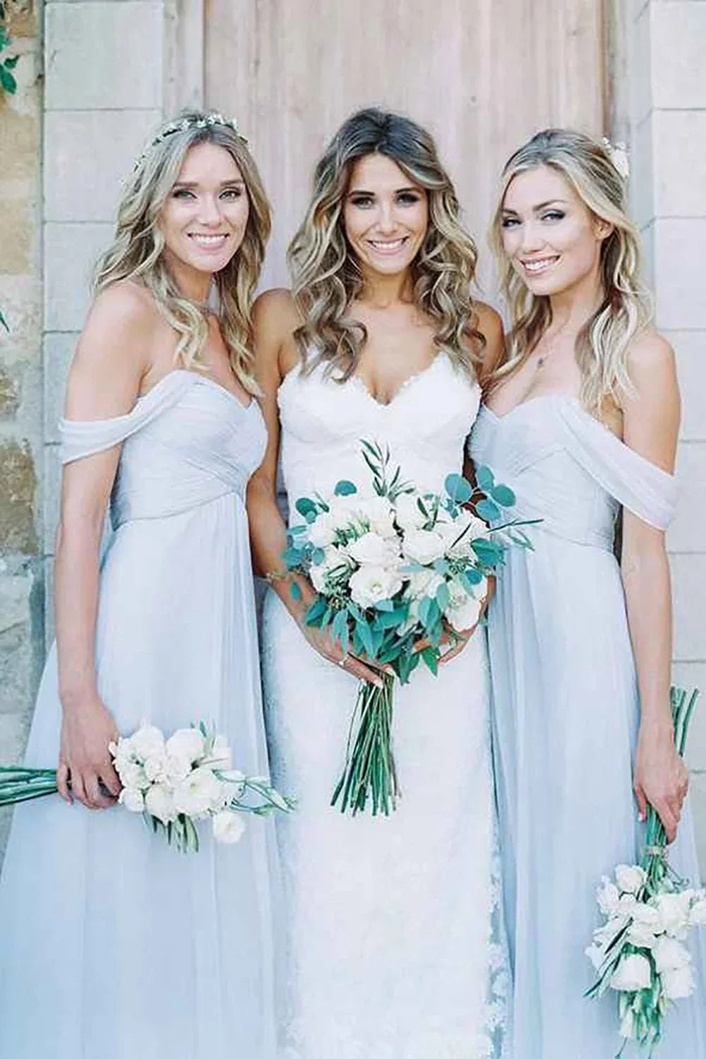 Light Blue A Line Off the Shoulder Long Chiffon Boho Bridesmaid Dress