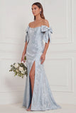 Off the Shoulder Blue Floral Mermaid Bridesmaid Dress with Slit