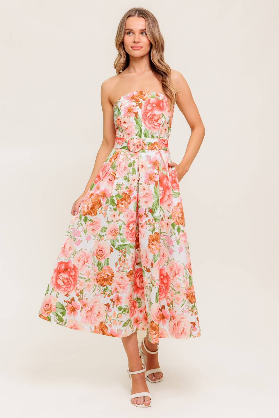 DAWN STRAPLESS MIDI DRESS PINK FLORAL