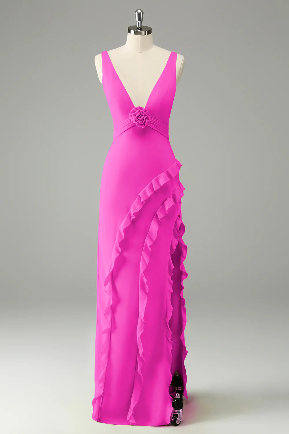 Lime A Line V Neck Floral Ruffle Open Back Bridesmaid Dress with Slit