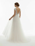 Sexy A Line Plunging Neckline Tulle Sweep Train Wedding Dress with Appliques