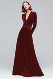 Black Velvet A Line V Neck Long Sleeves Maxi Holiday Party Dress