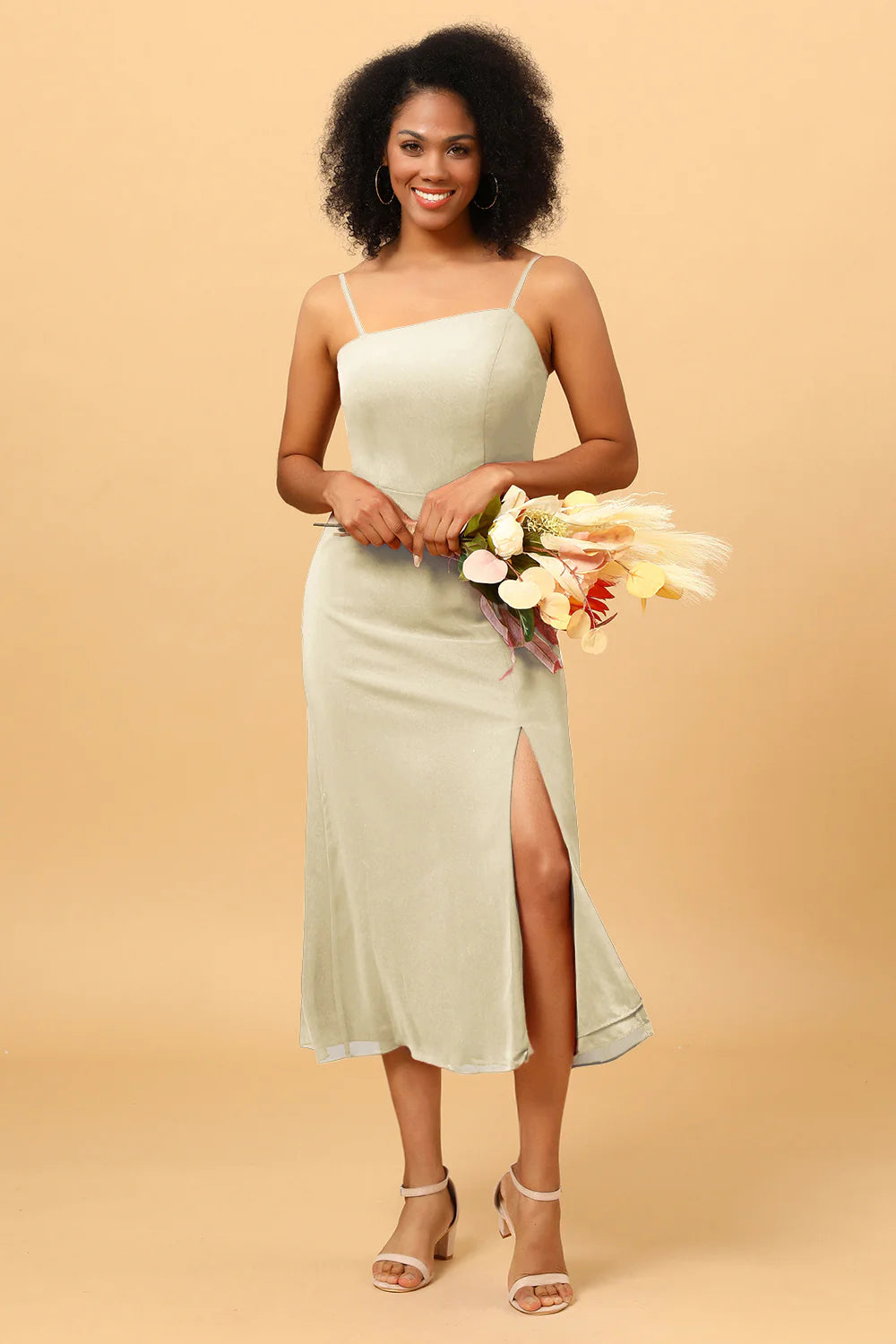 Sheath Spaghetti Straps Midi Chiffon Bridesmaid Dress with Slit