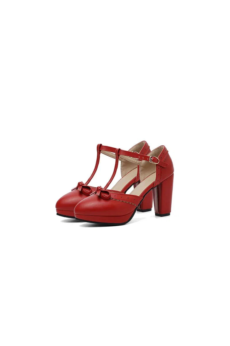 Retro Bow T Strap High Heels Shoes