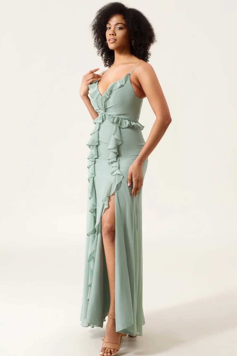 Matcha A Line Spaghetti Straps Chiffon Bridesmaid Dress With Ruffles