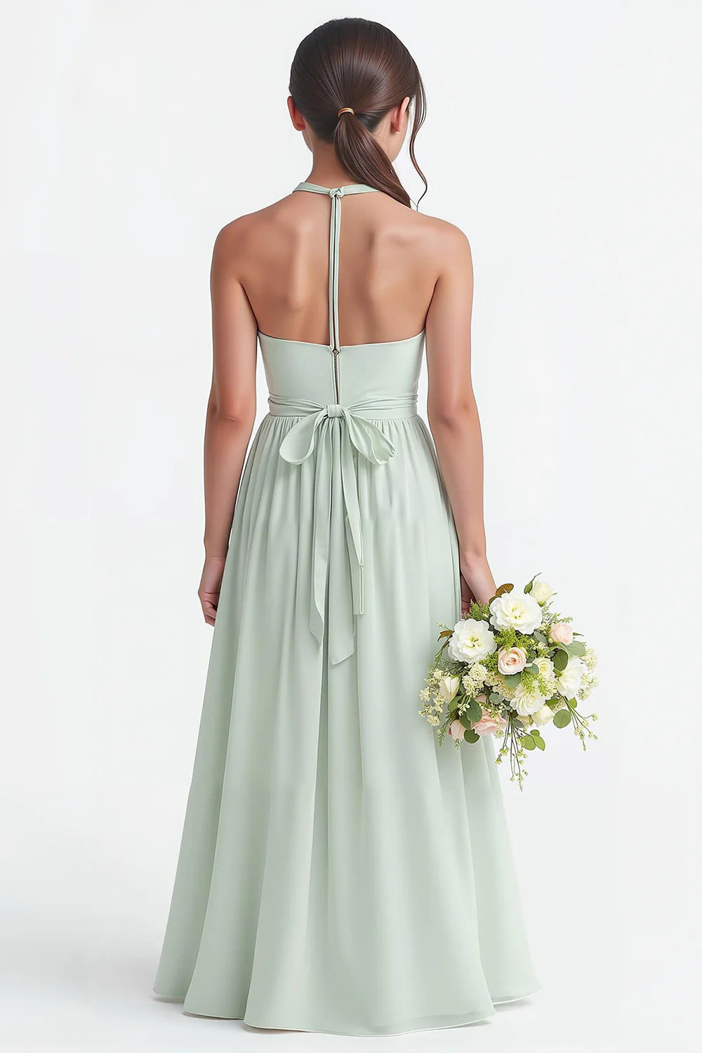 Sage A Line Ruched Halter Belted Junior Bridesmaid Dress