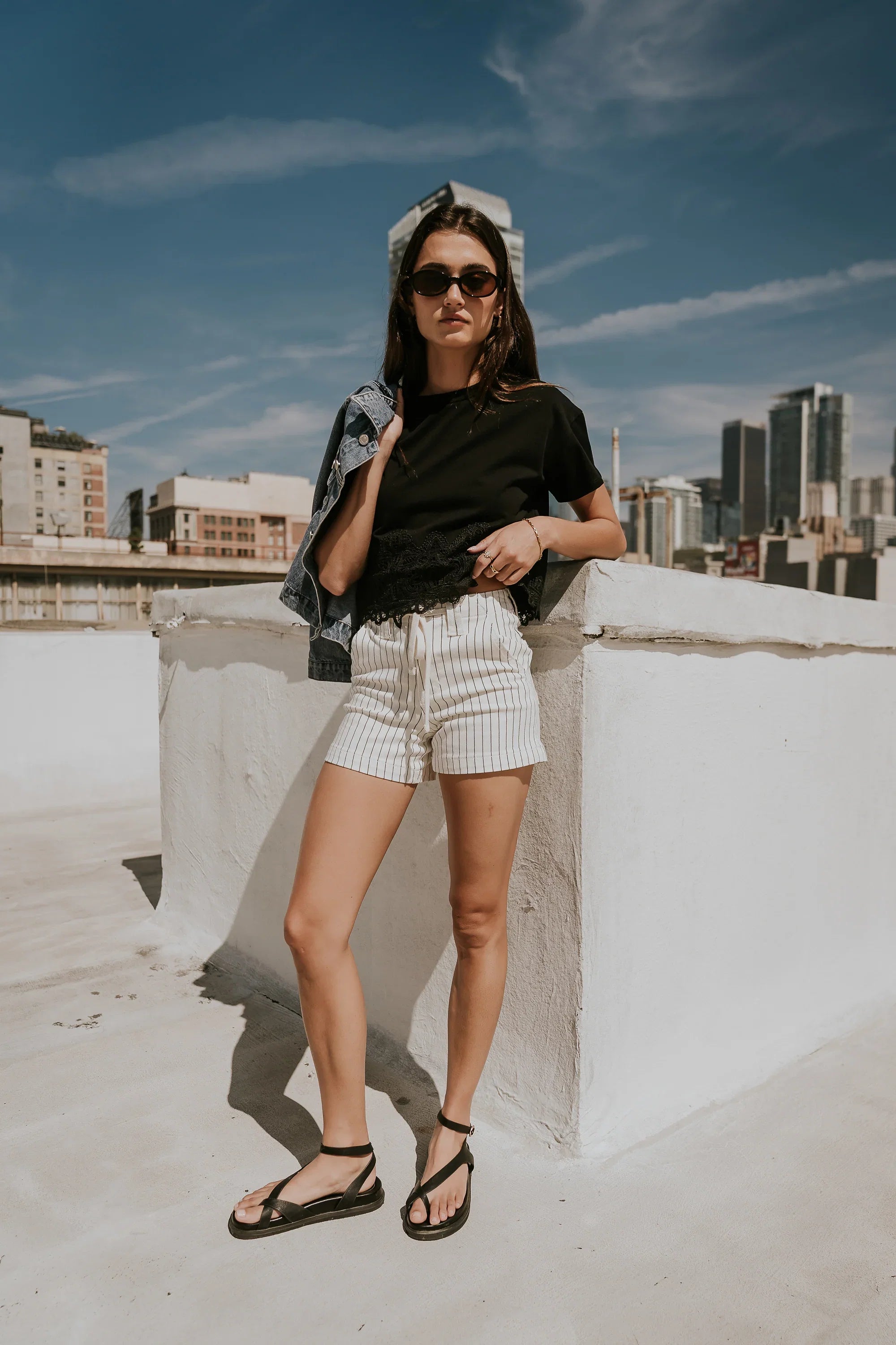 Beckie Striped Denim Shorts in Ivory