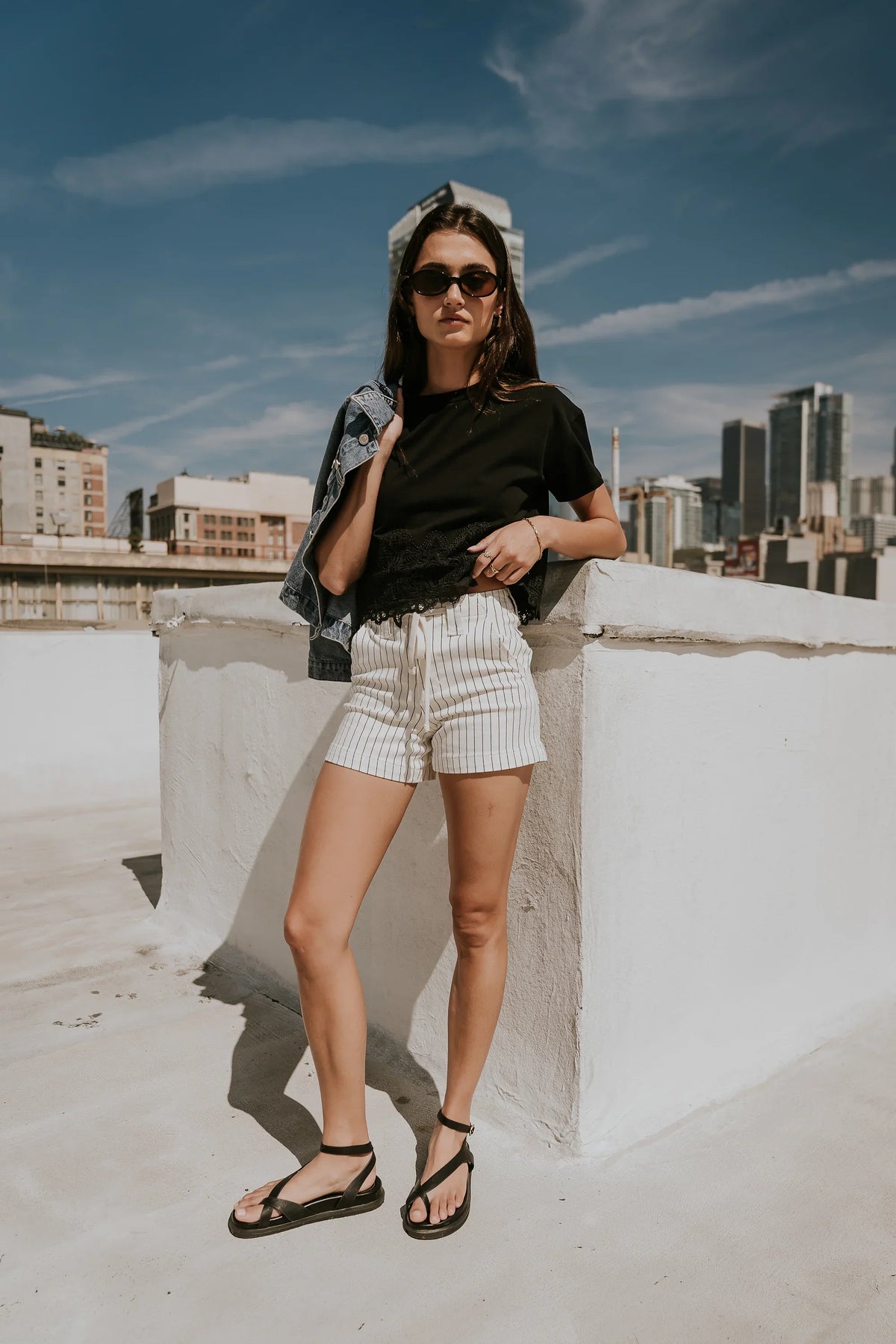 Beckie Striped Denim Shorts in Ivory