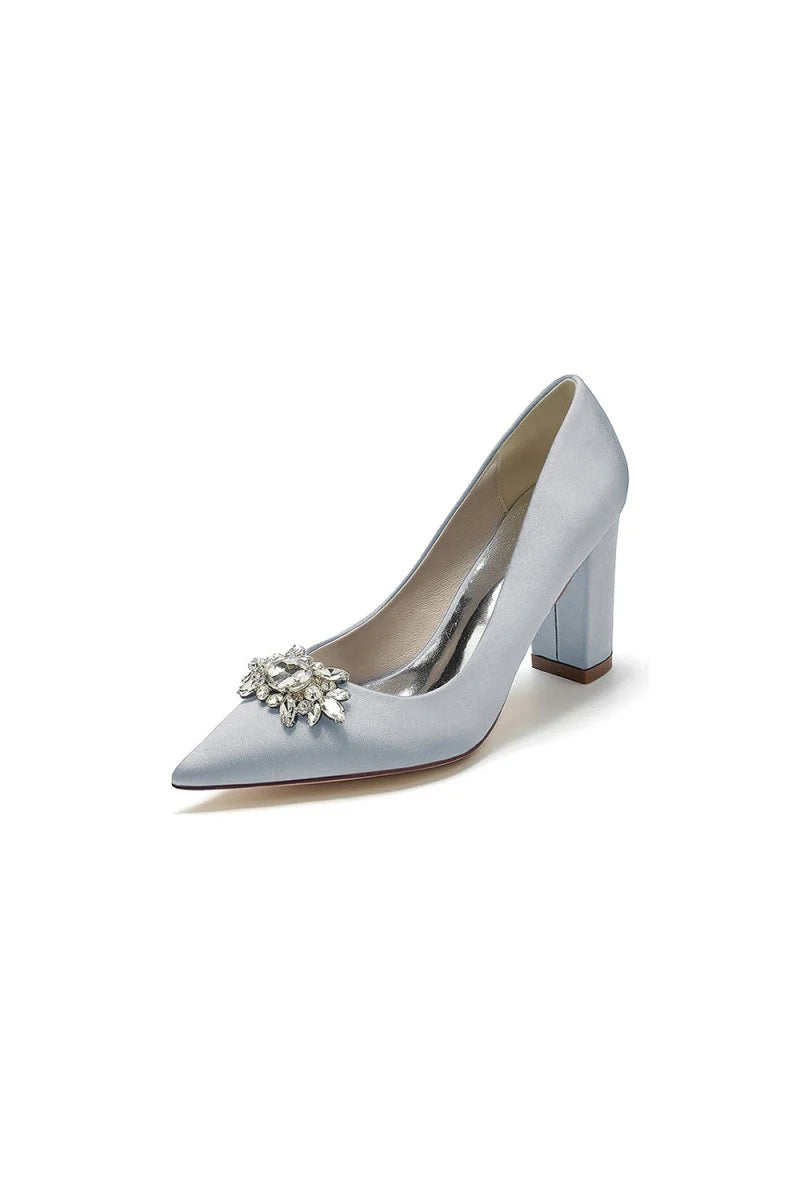 Pointed Toe Chunky Heels with Rhinestone