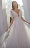Casual Beach A Line Tulle Wedding Dress With V neck And Low V Back