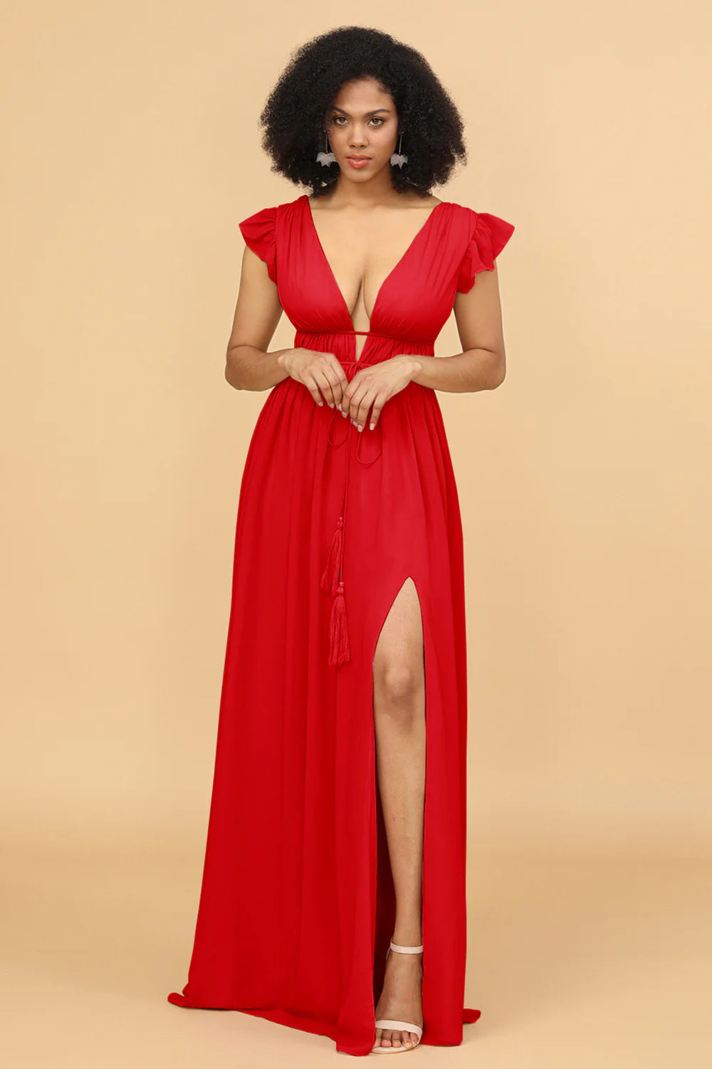 A Line Deep V Neck Long Chiffon Bridesmaid Dress with Slit