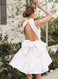 A Line Halter Sleeveless ShortMini Satin Wedding Dresses With Bow
