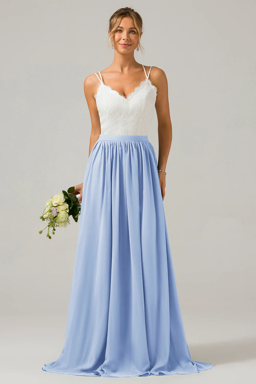 A Line Spaghetti Straps Pleated Long Bridesmaid Dress With Lace