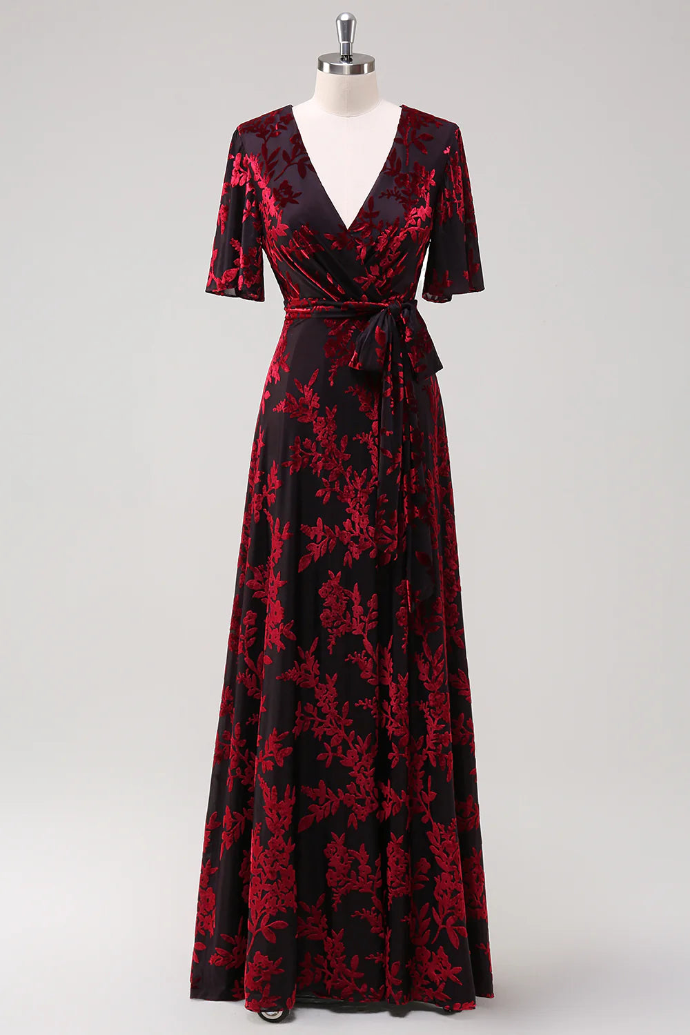 Burgundy Burnout Velvet A Line V Neck Maxi Dress with Short Sleeves