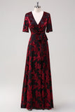 Burgundy Burnout Velvet A Line V Neck Maxi Dress with Short Sleeves